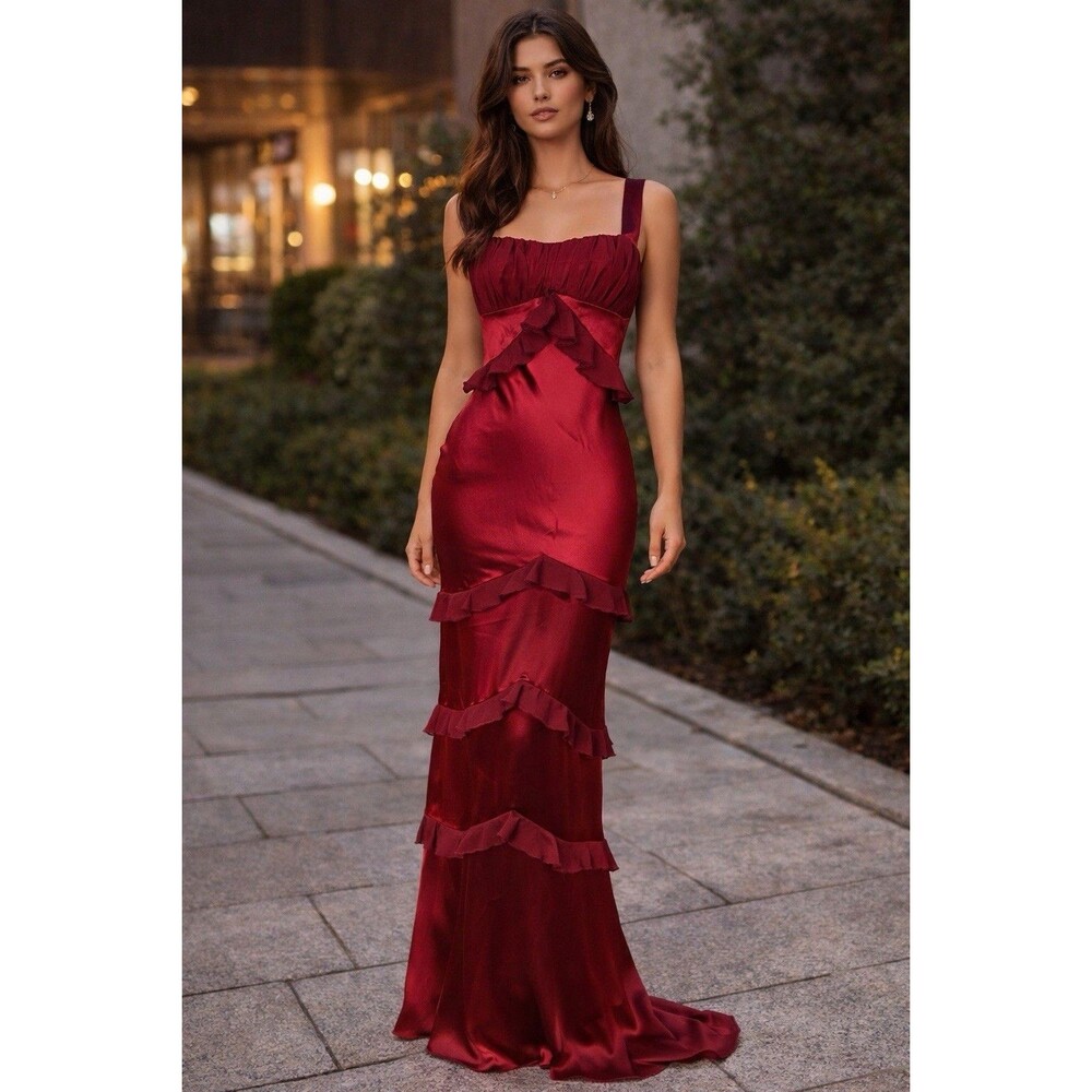 Area Stars Long Formal Dress Womens Small Tiered Ruffle Trim Romantic Party